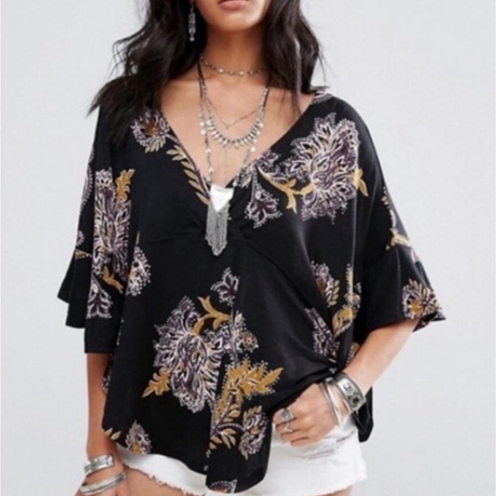 Free People Mauie Wowie Poncho Blouse Tie Sides Flowy Bohemian Top